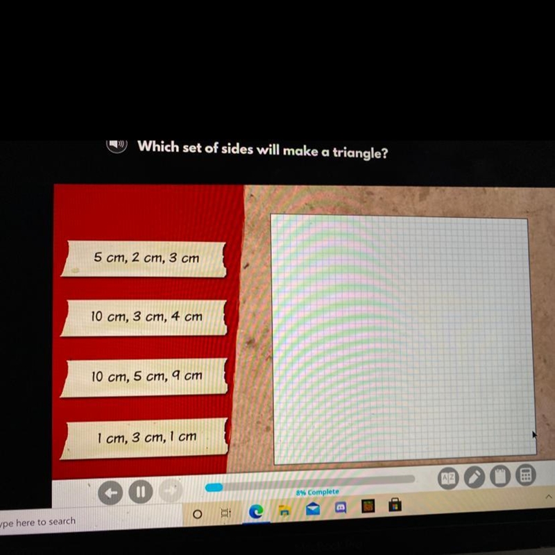 Which set of sides will make a triangle? help!!-example-1