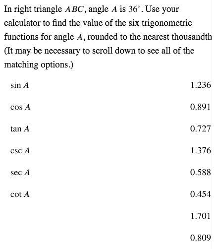 In the right triangle ABC, angle A is 36 degrees.-example-1