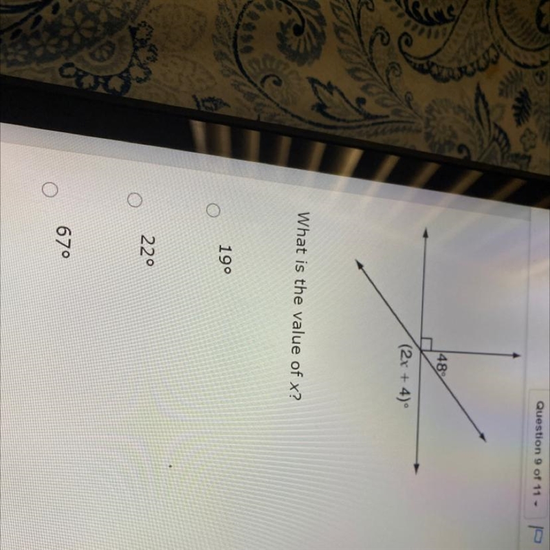 What is the value of x A 19 B 22 C 67 D71-example-1