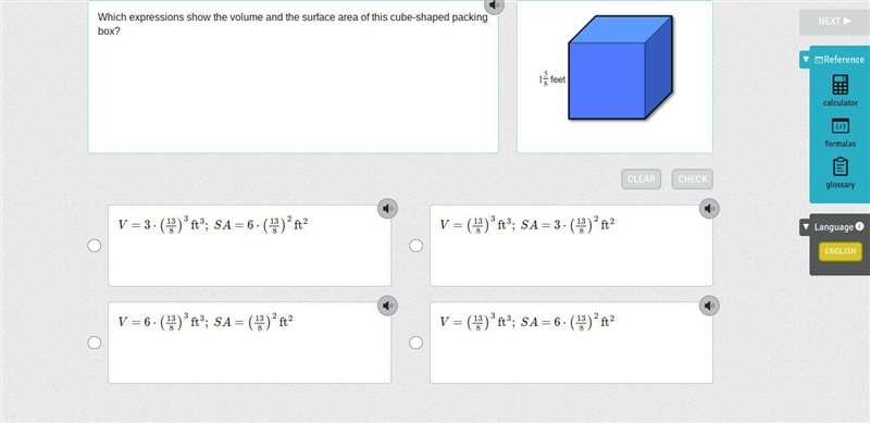 Which expressions show the volume and the surface area of this cube-shaped packing-example-1