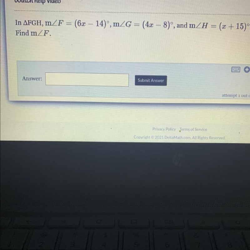 In AFGH, mZF = (6x – 14), mZG = (4x – 8)°, and m_H = (x + 15)°. Find mZF.-example-1