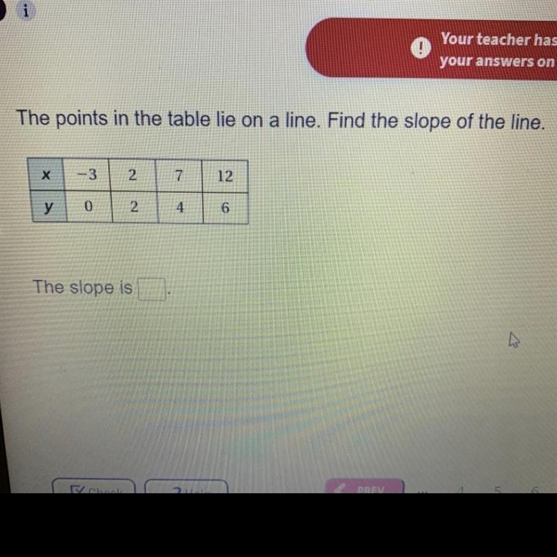 The Points in the table lie on a line. Find the slope of the line. The slope is —-??? Plz-example-1