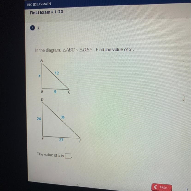 In the diagram, ABC - DEF Find the value of x . 12 8 36 24 E 27 The value of x is-example-1