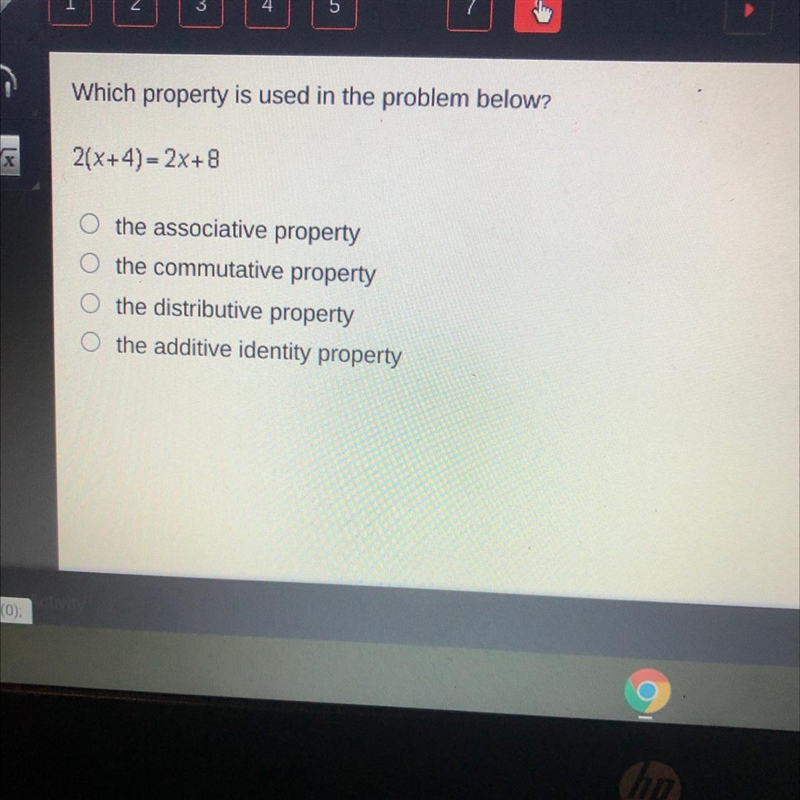 Which property is used in the problem below? 2(x+4)=2x+8 ОООО the associative property-example-1