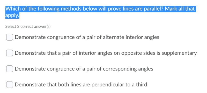 Which of the following methods below will prove lines are parallel? Mark all that-example-1