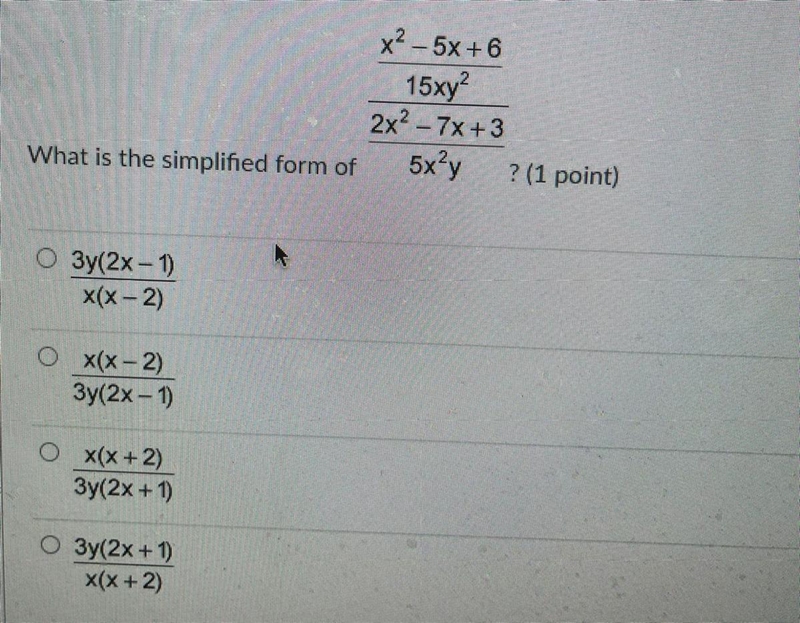 What is the simplified form of (x ^ 2 - 5x + 6)/(15x * y ^ 2) (2x ^ 2 - 7x + 3)/(5x-example-1