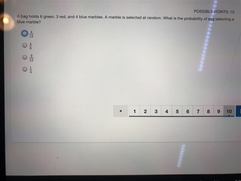 A bag holds 6 green, 3 red, and 4 blue marbles. A marble is selected at random, what-example-1