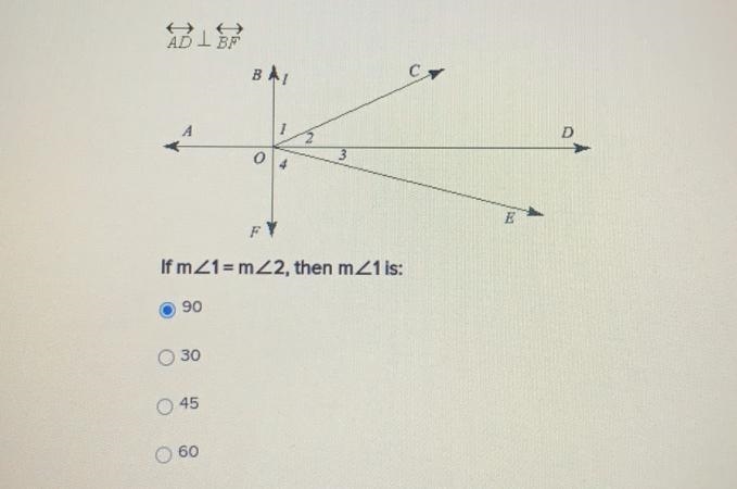 AD BA B C. А D 0 3 E If mZ1=mZ2, then mZ1 is: 90 30 45 60-example-1