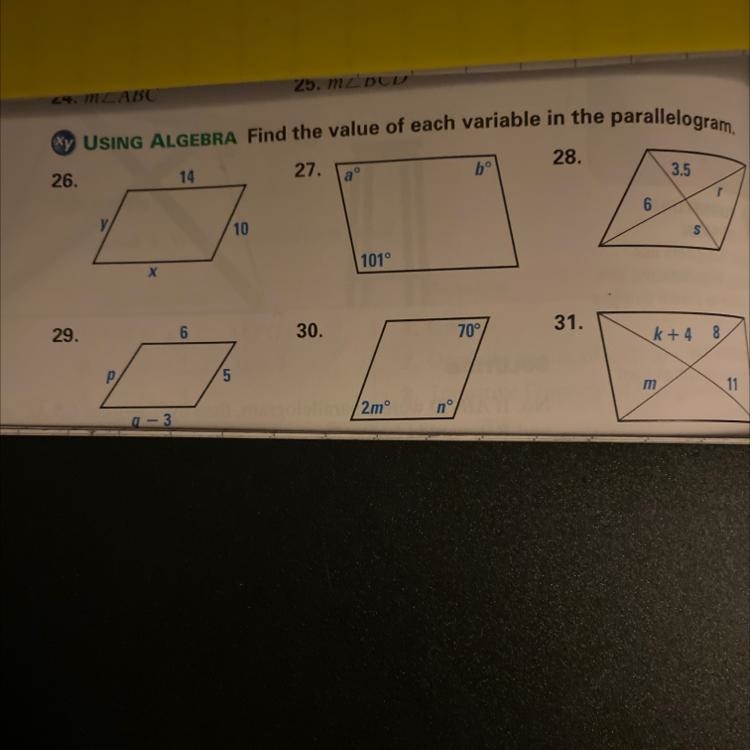 I NEED HELP ASAP!!!!!!!!Find the value of each variable in the parallelogram. I only-example-1