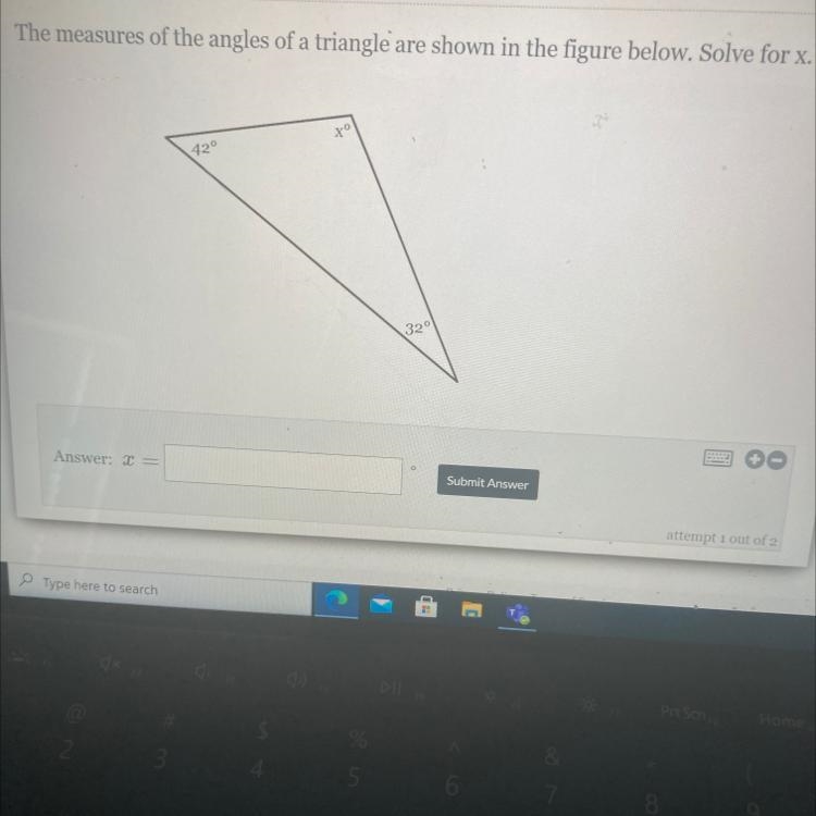 The measures of the angles of a triangle are shown in the figure below. Solve X.-example-1