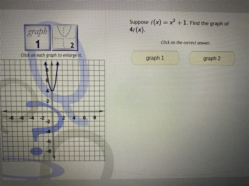 Suppose f(x)=x^2 +1. Find the graph of 4 f(x). Graph 1 Graph 2-example-1