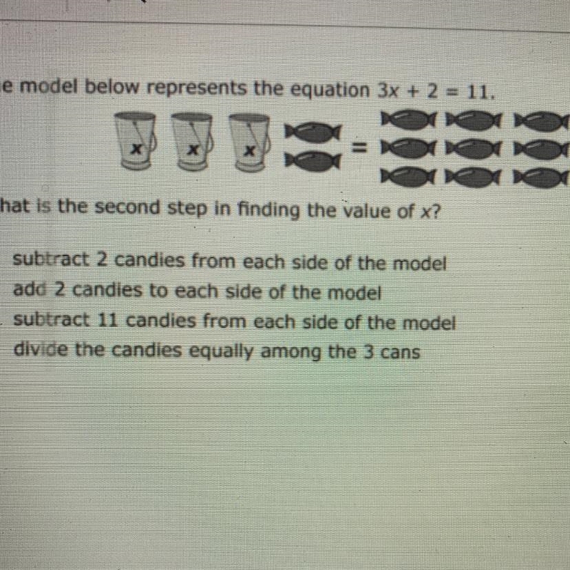 The model below represents the equation 3x + 2 = 11. > D What is the second step-example-1