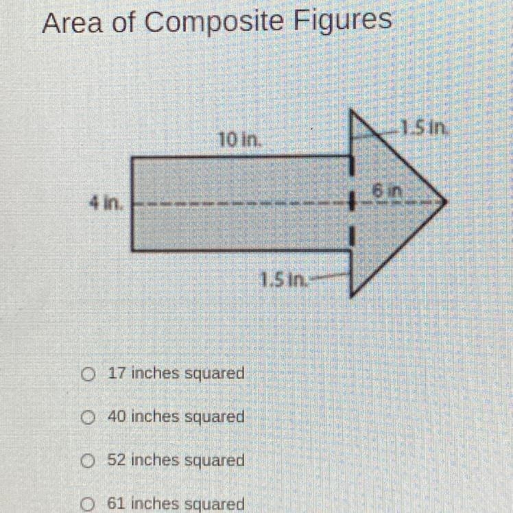 Area of Composite Figures -1.5 in. 10 in. A 6 in 4 in. 1.5 in. 17 inches squared 0.40 inches-example-1