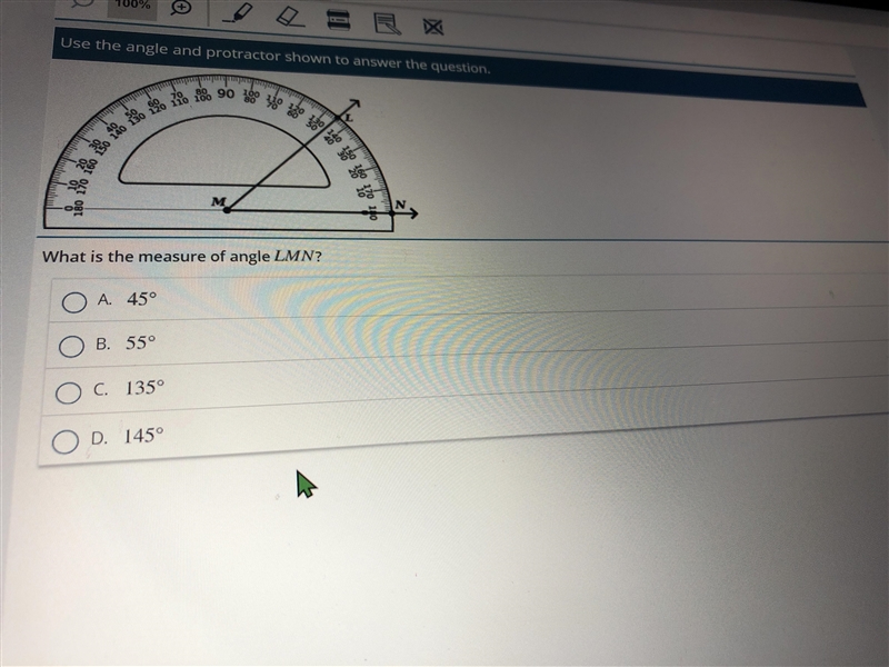 PLEASE HELP ASAP Use the angle and protractor shown to answer the question. What is-example-1