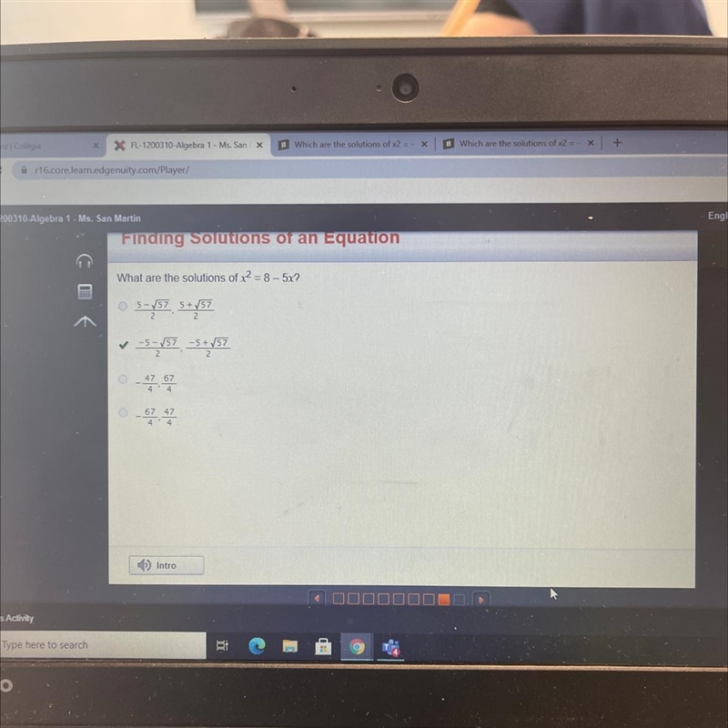 What are the solutions of ? = 8-52? o s-ľ57 S + √57 O-5-57 5+57-example-1