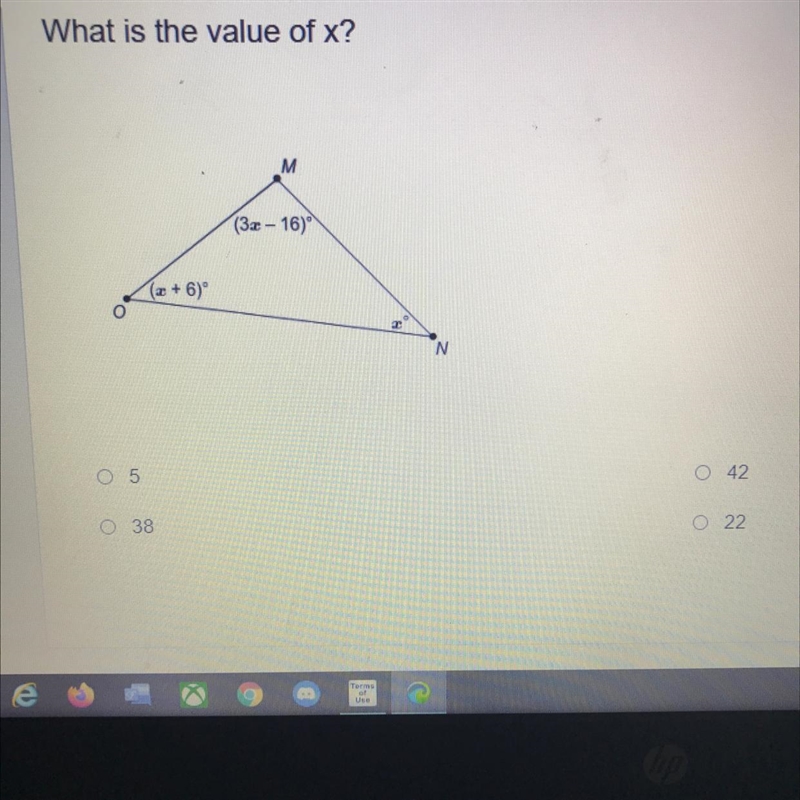 What is the value of x? A.)5 B.)38 C.)42 F.)22-example-1