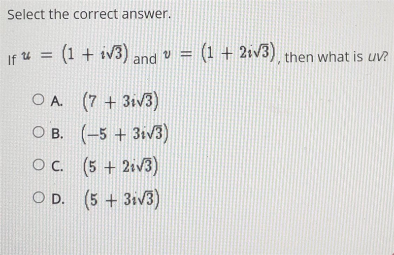 If u= (1 + iv3) and v = (1 + 2iv3), then what is uv?-example-1