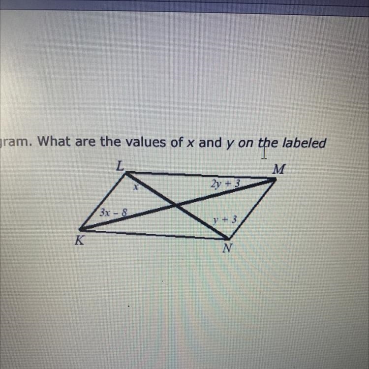 29. LMNK is a parallelogram. What are the values of x and y on the labeled diagonals-example-1