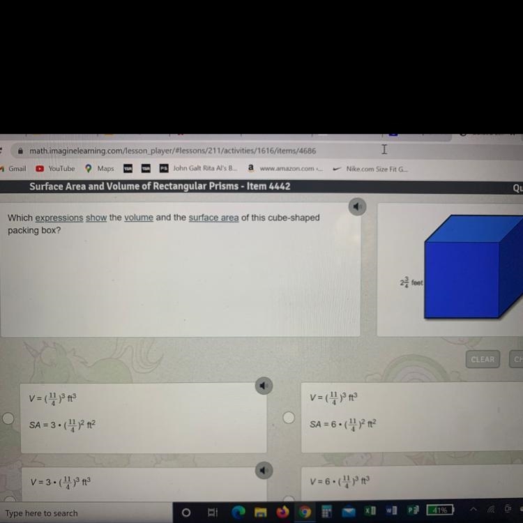 Which expressions show the volume and the surface area of this cube- shaped packing-example-1