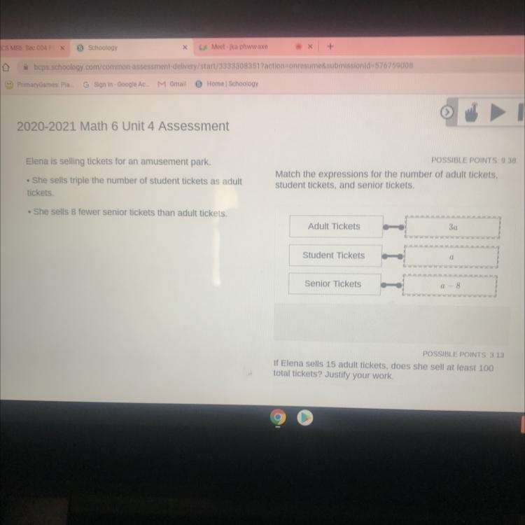 If Elena sells 15 adult tickets, does she sell at least 100 total tickets ? Justify-example-1