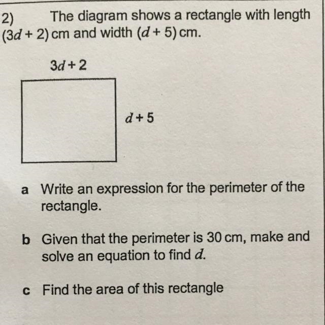 The diagram shows a rectangle with length 2) (3d + 2) am and width (d+5) cm. 3d+2 d-example-1