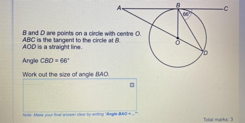 b and d are points on a circle with centre 0. abc is the tangent to the circle at-example-1