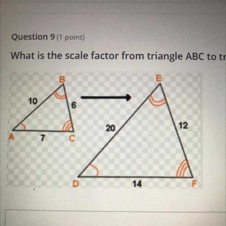 What is the scale factor from triangle ABC to triangle DEF? SHOW YOUR WORK-example-1