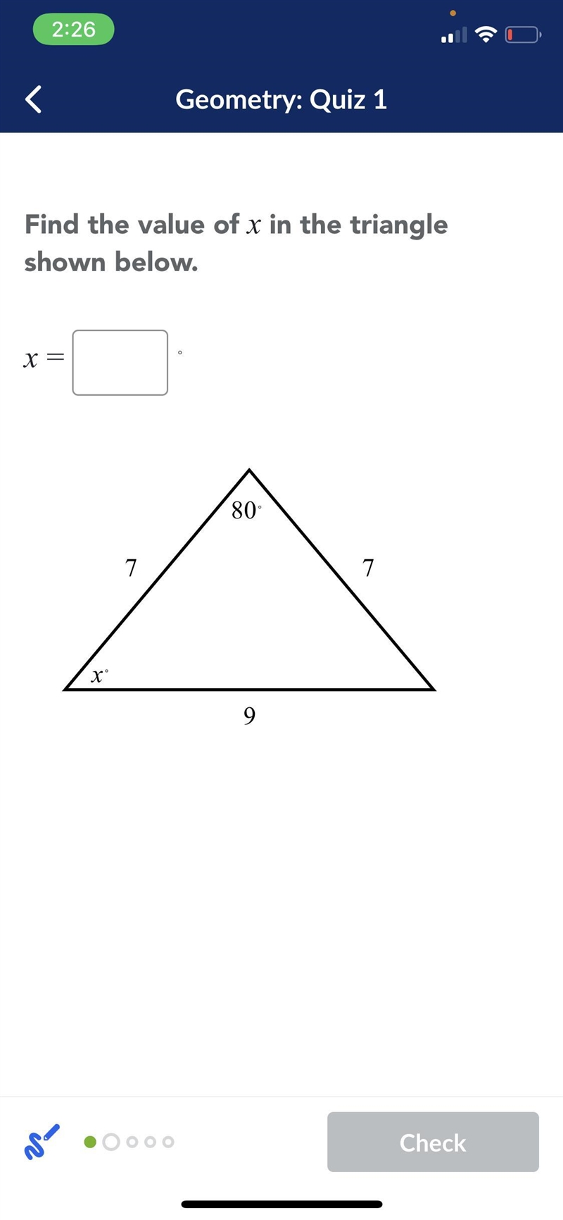 Find the value of x in the triangle shown below-example-1