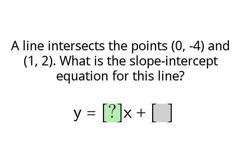 A line intersects the points (0,-4) and (1,2) what is the slope intercept equation-example-1