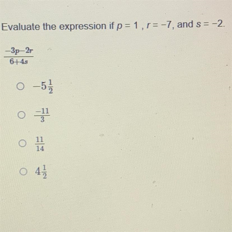 Evaluate the expression if p = 1,1=-7, and s= -2. -3p-21 6+4s Plzz hurry!!-example-1