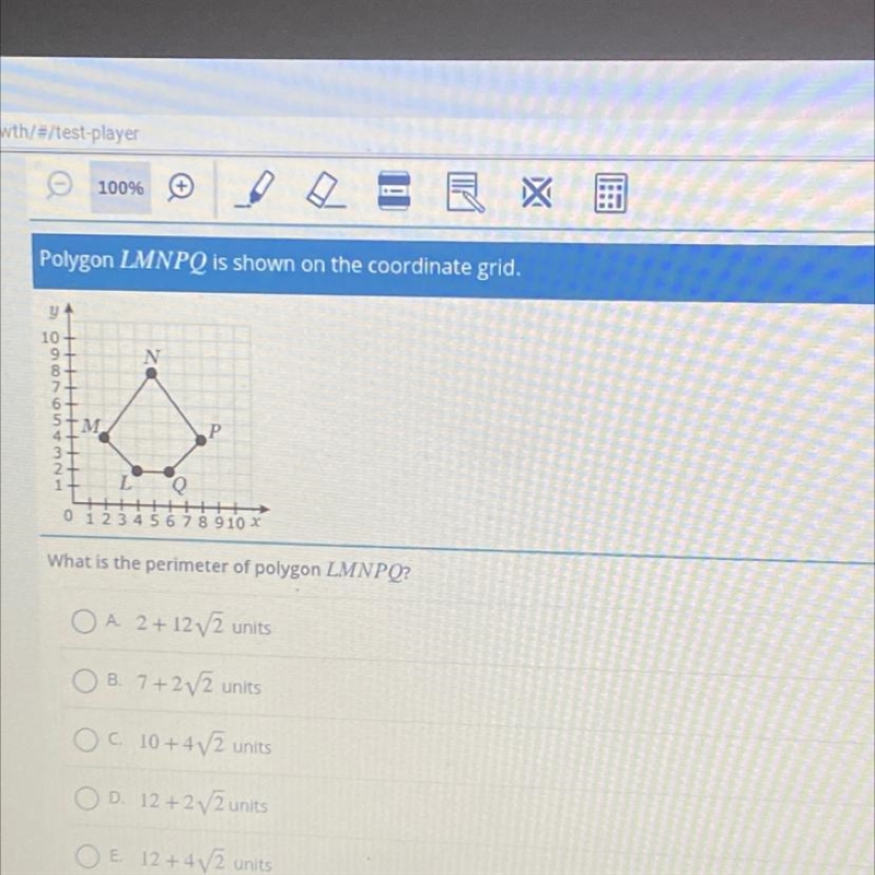 What is the perimeter of polygon LMNPQ? O A 2 +12V2 units OB. 7+2V2 units OC. 10+ 4 V-example-1