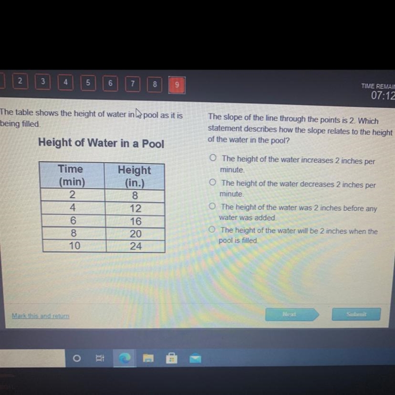 Plz Answer 25 points The table shows the height of water in a pool as it is being-example-1