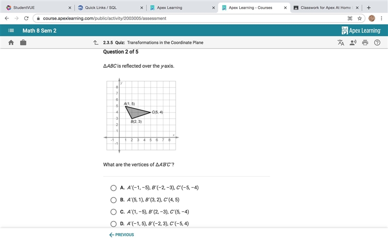 ABC is reflected over the y-axis what are the vertices of A'B'C' Please help this-example-1