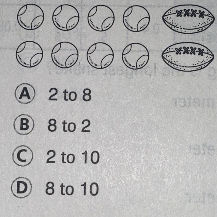 The picture shows a collection of eight baseballs and two footballs. What is the ratio-example-1