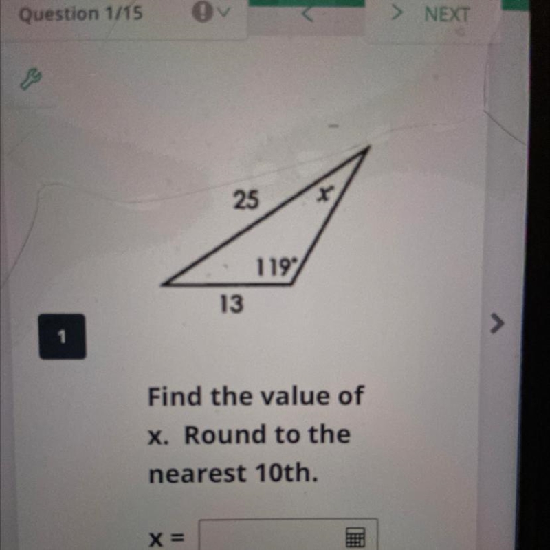 25 119 degrees 13 Find the value of X. Round to the nearest 10th.-example-1