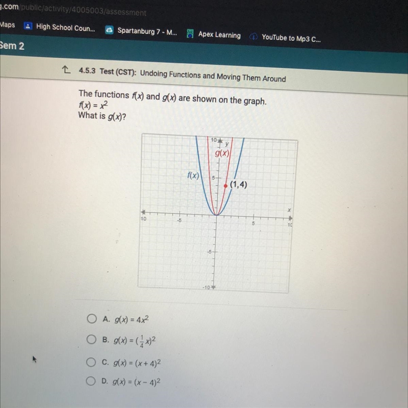 The functions f(x) and g(x) are shown on the graph. fx) = x² What is g(x)? 10- у g-example-1