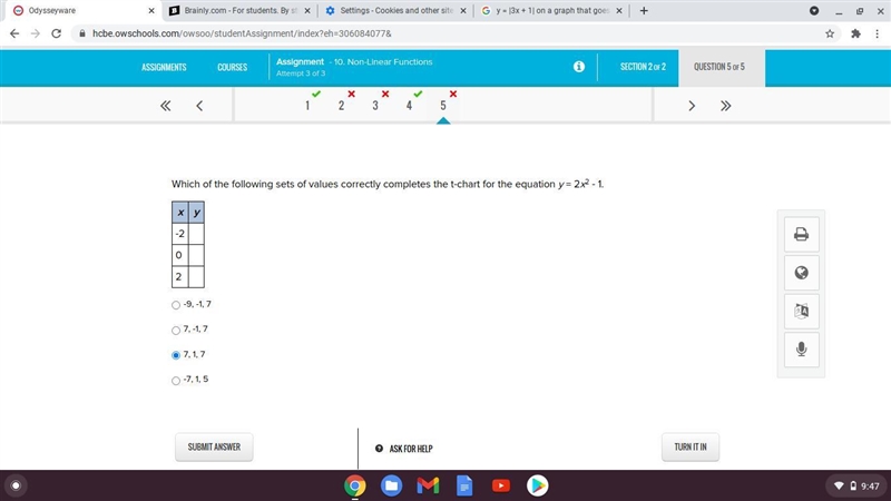 Which of the following sets of values correctly completes the t-chart for the equation-example-1