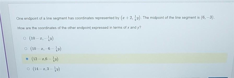 One endpoint of a line segment has coordinates represented by (x + 2, 3y). The midpoint-example-1