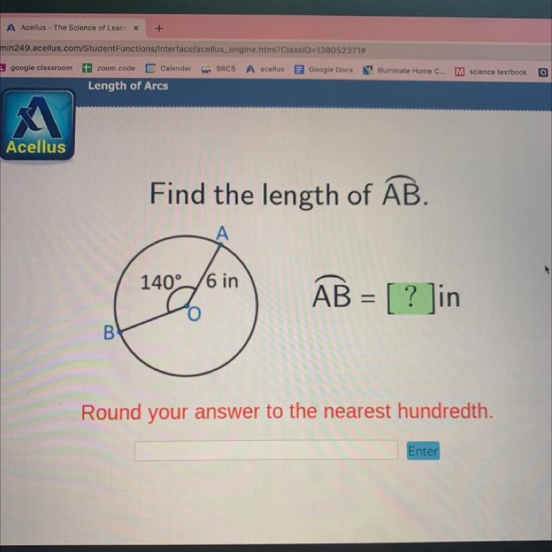 Find the length of AB. A 140/6 in AB = [ ? Jin B В Round your answer to the nearest-example-1