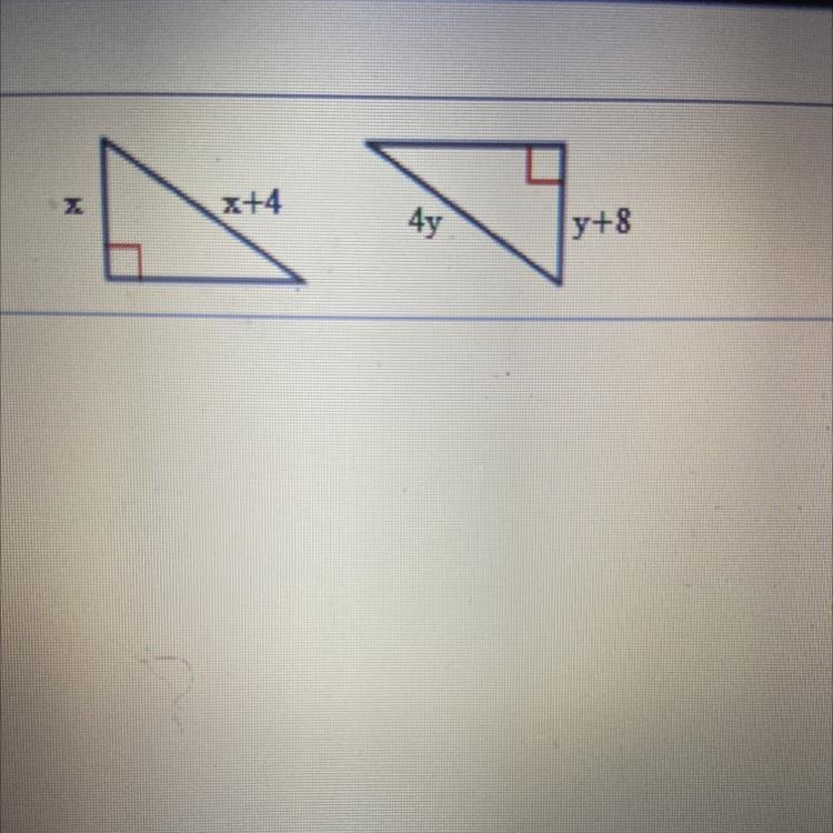 For what values of x and y are the triangles to the right congruent by HL?-example-1