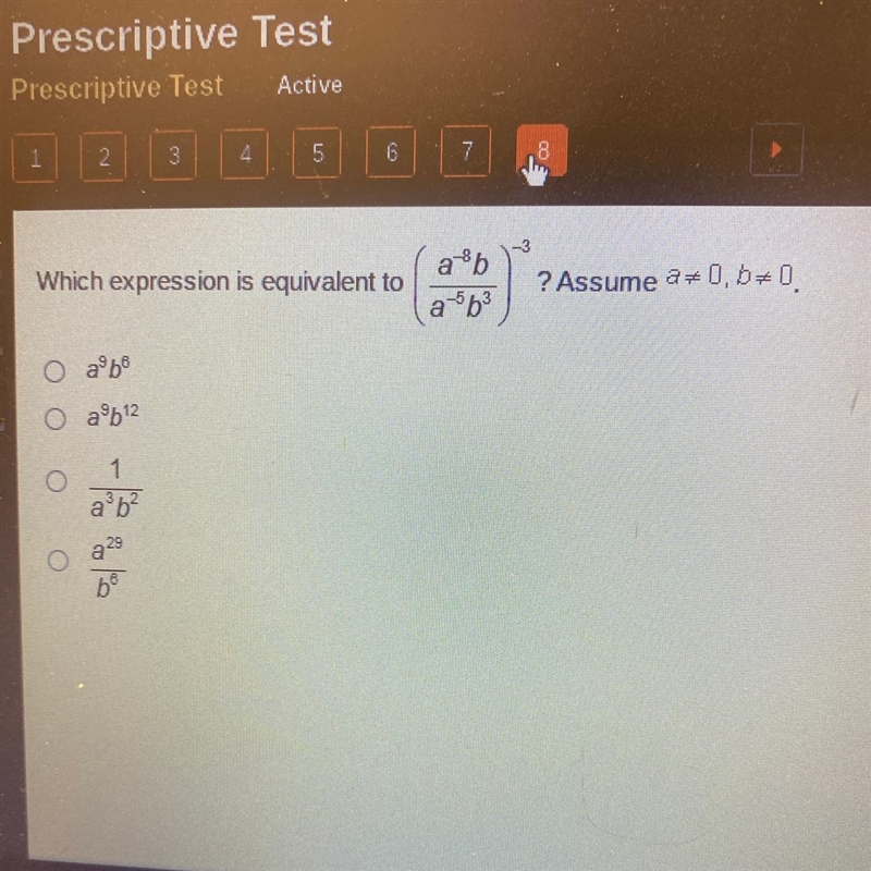 Which expression is equivalent to (a^-8b) (a^-5b^3) Assume a≠0,b≠0.-example-1