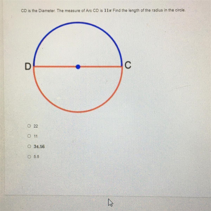 CD is the Diameter. The measure of Arc CD is 11x Find the length of the radius in-example-1