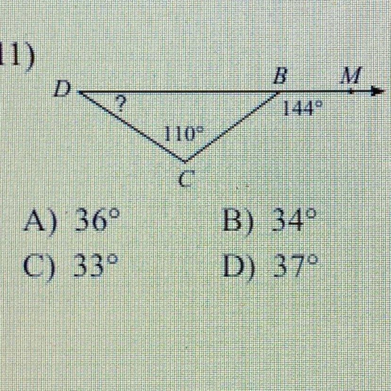 Find the measure of each angle indicated. A) 36° C) 33° B) 34° D) 37°-example-1