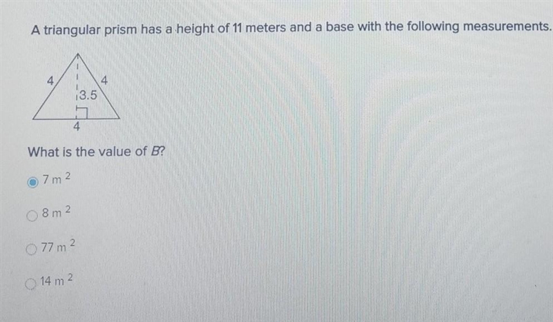 A triangular prism has a height of 11 meters and a base with the following measurements-example-1