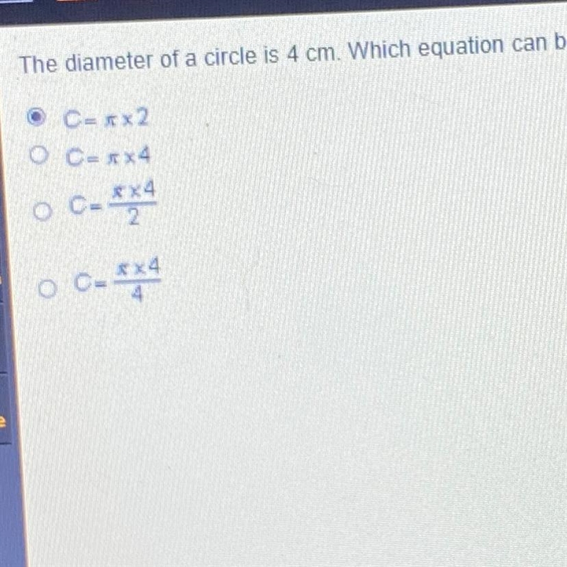 PLEASE HELP‼️ the diameter of a circle is 4cm. which equation can be used to find-example-1