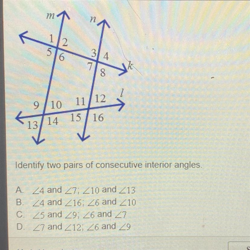 Identify two pairs of conservative interior angles-example-1