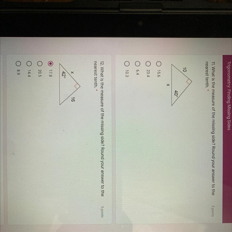 12. What is the measure of the missing side? Round your answer to the nearest tenth-example-1