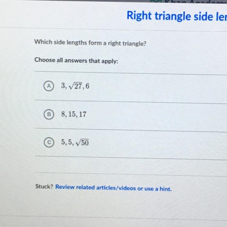 Which side lengths form right triangles? Please help-example-1