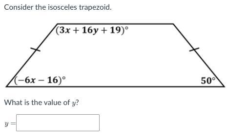 NO LINKS Consider the isosceles trapezoid. What is the value of y?-example-1