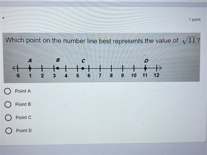 Which point on the number line best represents the vaule of 11-example-1